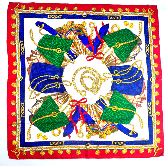 Celine Bags Scarves & Chain Link Silk Scarf Red Blue Green Multicolor 33″x32.5" - Picture 1 of 16